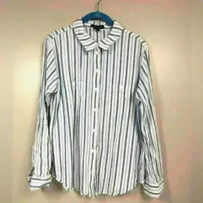 Sanctuary Womens L Coastal Linen Stripe Shirt Blue White Preppy Tomboy Femme Fit - Image 1 of 4