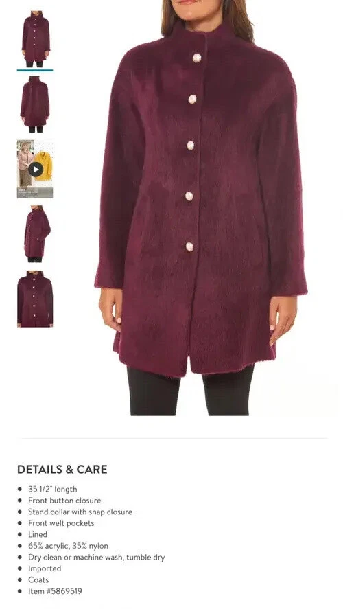 NUEVO CON ETIQUETAS KATE SPADE Abrigo Piel Sintética Peluche Botón Perla Talla Pequeña Vino Borgoña Nuevo con Etiquetas Foto 1 de 4