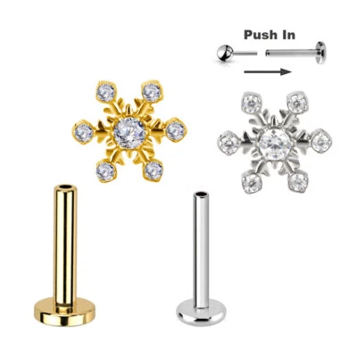 Titan Push in Pin Schneeflocke Kristalle Labret Ohr Helix Piercing Gold Silber - Bild 1 von 4