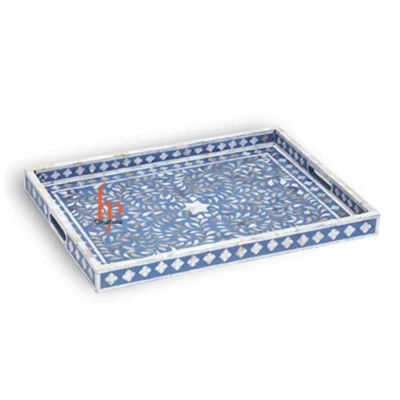 Handmade Mother Of Pearl Inlay Vintage Antique Decorative Rectangle Floral Tray - Image 1 of 4