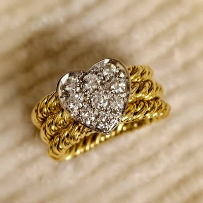 Unique Love Heart Chain Band Pave Lady Ring Natural Diamond 14K Yellow Gold Gift - Image 1 of 4
