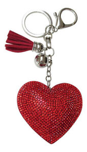 Taschenschmuck, Herz-Schlüsselring mit rotem Kristallstrass + rote Quaste.