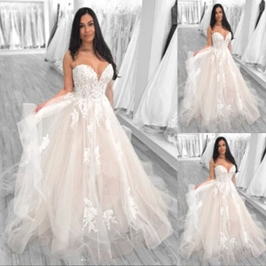 Sexy Champagne Wedding Dresses Strapless Lace Appliques A Line Beach Bridal Gown - Picture 1 of 9