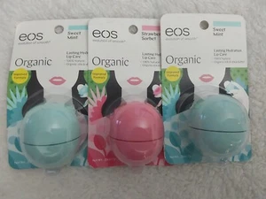 Lot of 3 EOS l00% Natural Organic Lip Balm 2 Sweet Mint & 1 Strawberry Sorbet - Picture 1 of 2
