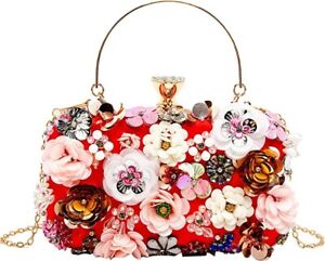 Beaded Sequin Flowers Clutch Purse Evening Bag, Satin Formal Handbag, Fancy Red