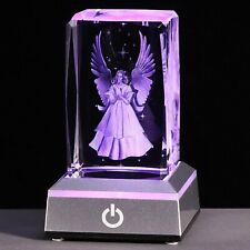 3D Crystal Guardian Angel Figurine with Colorful Light Base, Laser Engraved Glas