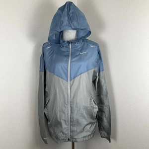Nike Running Blue Gray Windbreaker Jacket Full Zip Hoodie Hooded Size Medium M - Picture 1 of 11