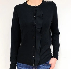 Ann Taylor Cashmere Cardigan Womens Ruffle Jewel Buttons Old Money Black Large - Picture 1 of 15