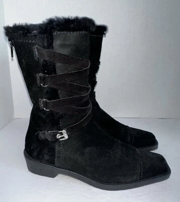 $495 Stuart Weitzman Botas Femininas de Camurça Preta Forrada de Pele Meia Panturrilha Zíper Traseiro 7 M - Imagem 1 de 4