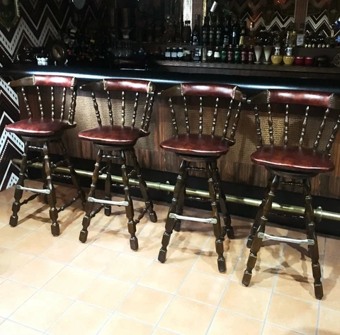 [4 PCS] Vintage Victorian Style Dark Brown Wood Leather Seat Bar Stools Cover