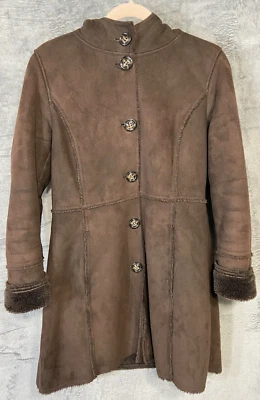 Vintage Esprit Faux Fur Coat S Small Suede Hooded Brown Chore Work Barn Jacket - Image 1 of 4