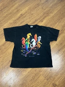 VTG ATLANTIS MARINE WORLD BLACK SEAHORSE PRINT GRAPHIC DOLPHIN SHIRT USA MADE XL - Picture 1 of 6