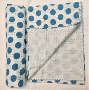 Polka Dot Blue Handmade Quilted kantha Throw Reversible Bedding Quilted Kantha - Picture 1 of 5