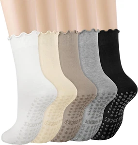 5 Pairs Ruffle Pilates Yoga Socks with Grips for Women, Cute Cotton Frilly Cuff - Picture 1 of 12