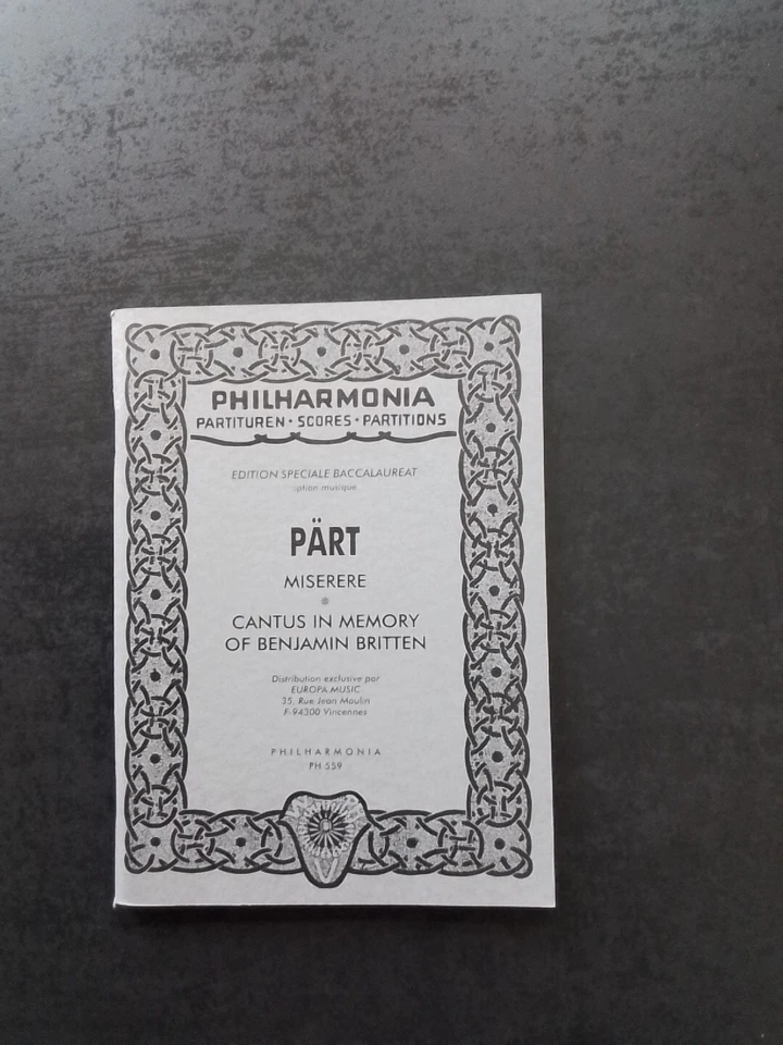 PARTITION POCHE  - ARVO PÄRT - MISERERE - CANTUS IN MEMORY OF BENJAMIN BRITTEN - Photo 1/1