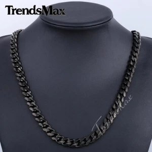 11mm Mens Chain Black Tone Curb Cuban Link Stainless Steel Necklace 18-30 inch - Picture 1 of 7