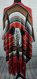 Western Steer Skull Striped Open Front Fringe Boho Serape Wrap Poncho One Size - Picture 1 of 11