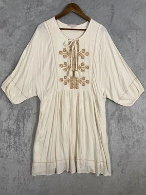 Vestido Knox Rose Feminino Tamanho G Creme Boho Ponto Cruz Forrado Borla Túnica Camponesa - Imagem 1 de 4