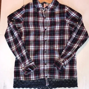 Plaid Girls' Holiday Flannel Black, White, & Red Lace Trimmed Bottom Size 12 - Picture 1 of 4