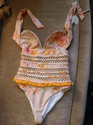 NWT Tularosa Pom Pom Black One Piece Swimsuit Size S * Missing 1 Strap - Image 1 of 4