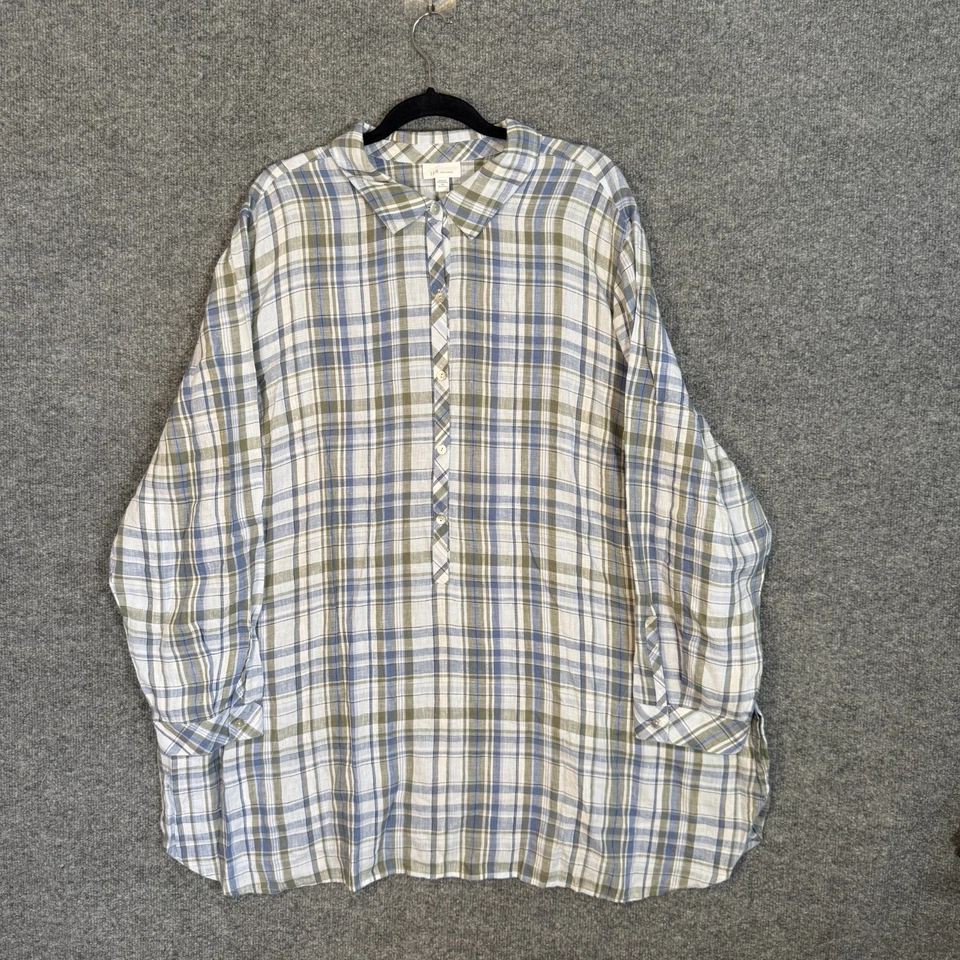 Camisa J.Jill Mujer 4X XXXXL Azul Cuadros Lino Blusa Pullover Talla Grande Foto 1 de 4