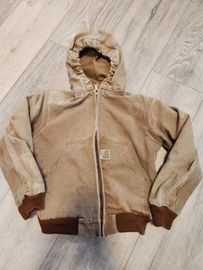 Carhartt Jacket Full-Zip Washed Duck Active Hooded Boys Tan Cotton *READ* - Picture 1 of 9