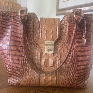 Brahmin Diana Tote Toasted Almond Croc Embossed Leather Satchel Bag Gold Lock - Picture 1 of 18