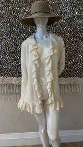 Minnie Rose Ivory 100% Cashmere Ruffle Open Front Cardigan Sweater S/M $365 New - Picture 1 of 9