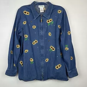 Quacker Factory Jacket Womens L Sunflower Denim Embroidered 90s Blue Vtg - Picture 1 of 11