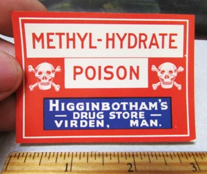Etiqueta Original De Colección, Etiqueta Veneno Años 1900 Metil-Hidrato con Calavera, Virden Canadá - Imagen 1 de 1