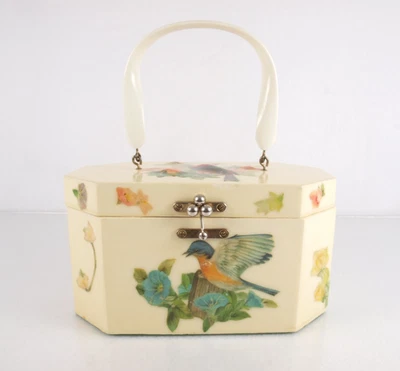 Annie Laurie Originals Palm Beach Box Purse 3D Birds & Flowers Octagon Vintage - Image 1 of 4