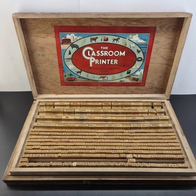 Conjunto de impressora vintage sala de aula 1932 selos de madeira estojo de madeira pesado  - Imagem 1 de 4