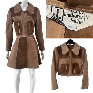 Rare Vintage 70s Suede & Leathercraft Skirt Jacket Set Beagle Collar Mod Size 8