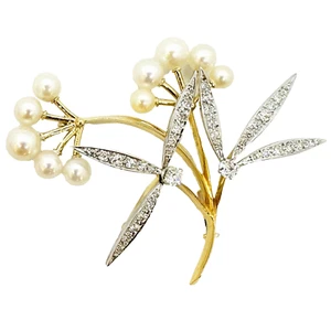 French Antique Akoya Pearl Diamond 18k Yellow & White Gold Brooch Pin - Picture 1 of 20