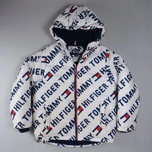 Tommy Hilfiger Logo Puffer Jacket Youth Boys Medium 10-12 White AOP Hooded Y2K - Picture 1 of 8