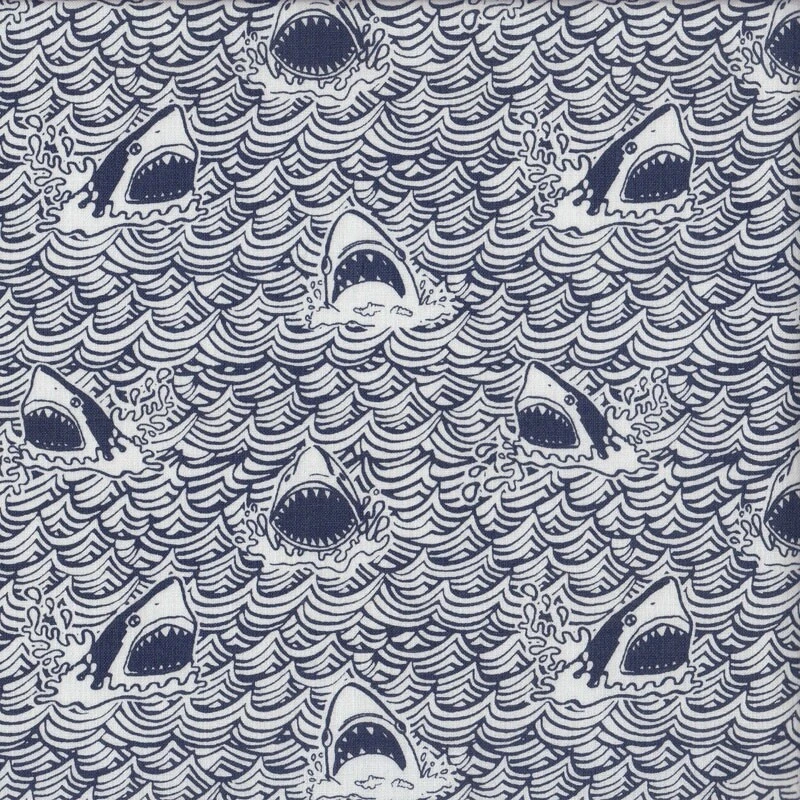Sharks Navy Waves on White Quilting Fabric 1/2 Metre - image 1 of 1
