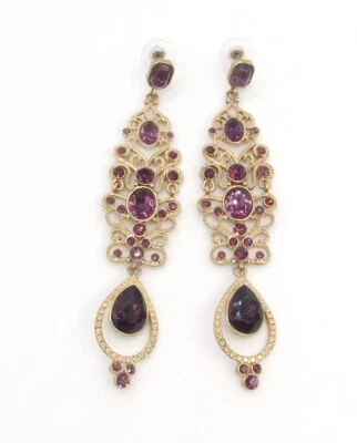 4.5" Statement Gold-P Amethyst Crystal Filigree Teardrop Dangle Pierced Earrings - Image 1 of 3