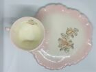 Tea Cup W Scone Plate Pink White Floral Handmade Jets Crazing Pottery Fired