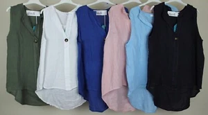 New Summer Ladies Linen Sleeveless Lagenlook Casual Comfy Quirky Linen Vest Top - Picture 1 of 13
