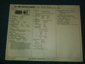 1968 CHEVROLET CAMARO & CHEVELLE 396 ENGINE SUN TUNE-UP CHART / 4BBL / 375HP - Picture 1 of 2