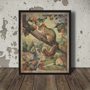 Vintage SQUIRREL Fruit Tree Wall Art, Woodland Squirrel Feeder Nature Decor Gift - Picture 1 of 17