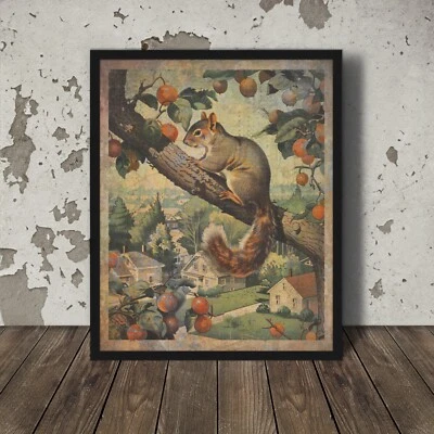Vintage SQUIRREL Fruit Tree Wall Art, Woodland Squirrel Feeder Nature Decor Gift - Image 1 of 4