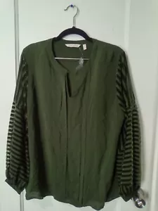 Soft Surroundings Moonstone Olive Green Velvet Stripe Balloon Sleeve Women L Top - Picture 1 of 6