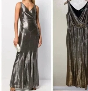 Maxi abito svasato donna Lauren Ralph Lauren vestibilità metallizzata taglia 12 vestito scollo V - Foto 1 di 20