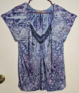 One World Damen Large Shirt, bestickt Indigo Herz mit Kristallen Sublimation - Bild 1 von 5