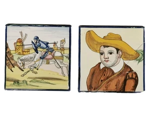 2 alte Fayence Fliesen / Fliesen Don Quijote und Sancho Panza - Bild 1 von 8