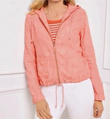 Talbots Coral Washed Linen Hooded Jacket Full Zip Size M Petite Beach Boxy - Image 1 of 4