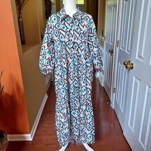 Anthropologie Maeve Bettina Dress M Beige Geometric Tiered Shirt Button Down NWT - Picture 1 of 16