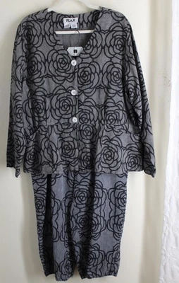 FLAX Sz L REALLY COOL Black Gray Rose Denim Jacket Pants Outfit Linen Lagenlook - Image 1 of 4