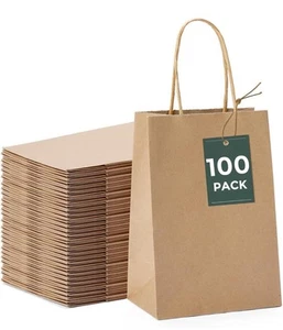 100pcs Brown Kraft Paper Bags 5.25" x 3.75" x 8" Handled Shopping Gift pack - Picture 1 of 3
